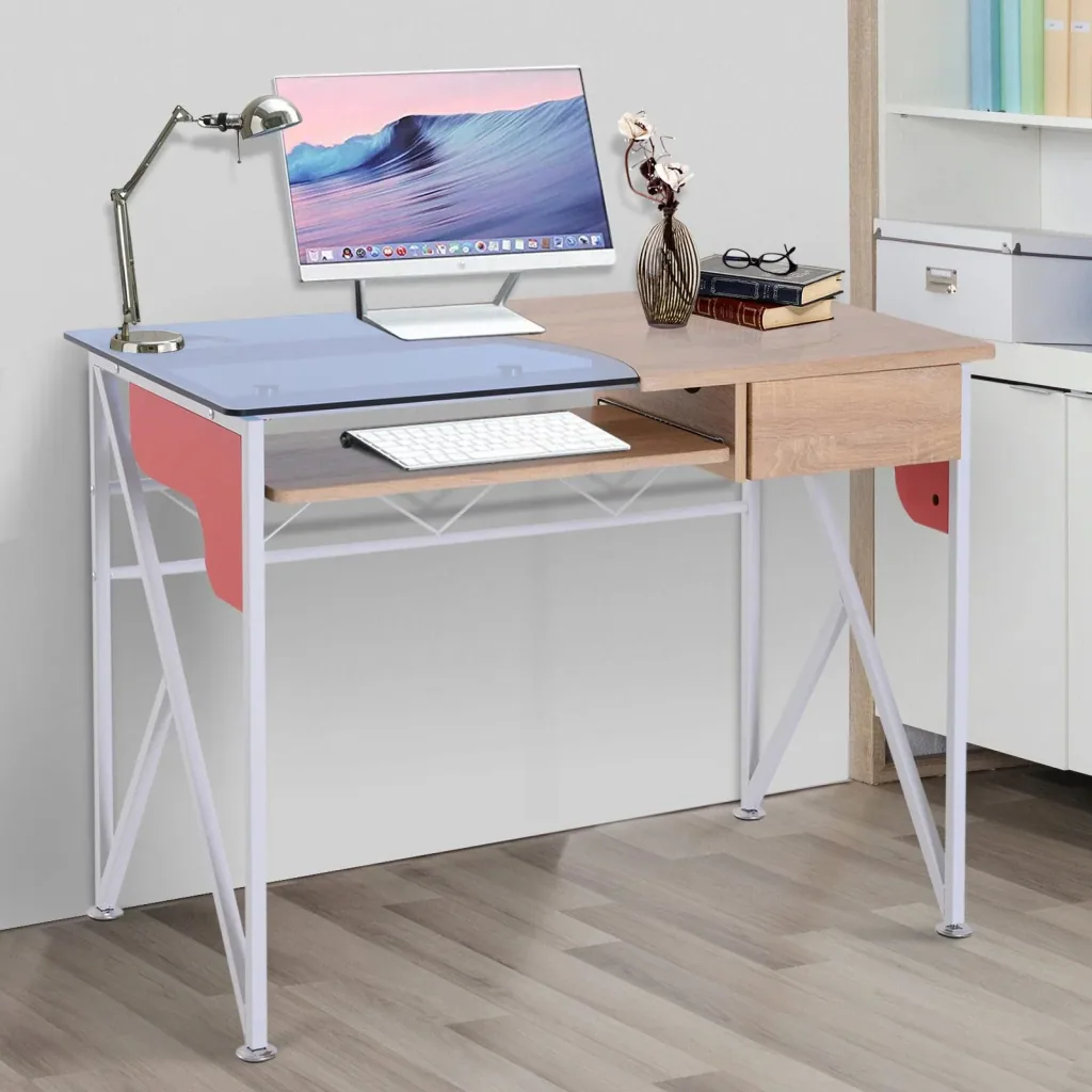 Computertisch Schreibtisch mit Tastaturauszug Schublade Arbeitstisch Metall + Hartglas 105 x 55 x 75 cm