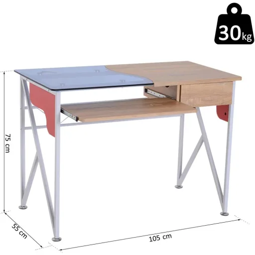 Computertisch Schreibtisch mit Tastaturauszug Schublade Arbeitstisch Metall + Hartglas 105 x 55 x 75 cm