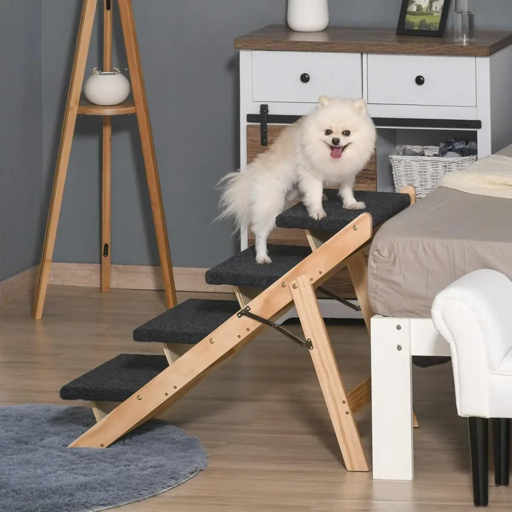 Haustiertreppe 2-in1 Hunderampe Katzentreppe Hundetreppe Faltbar Tiertreppe Kiefernholz Natur+Schwarz 80 x 47 x 64 cm