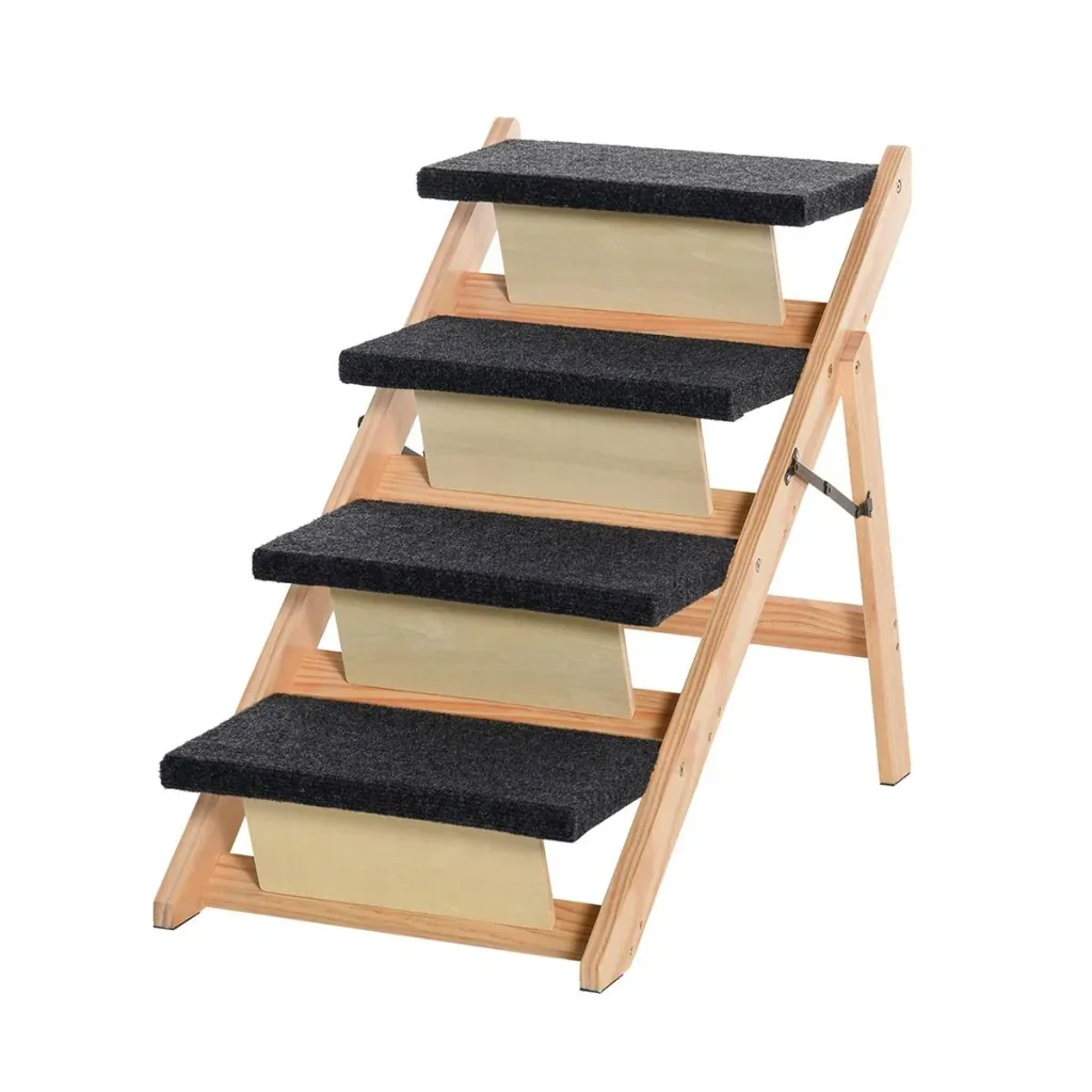 Haustiertreppe 2-in1 Hunderampe Katzentreppe Hundetreppe Faltbar Tiertreppe Kiefernholz Natur+Schwarz 80 x 47 x 64 cm