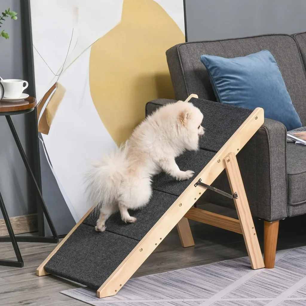 Haustiertreppe 2-in1 Hunderampe Katzentreppe Hundetreppe Faltbar Tiertreppe Kiefernholz Natur+Schwarz 80 x 47 x 64 cm