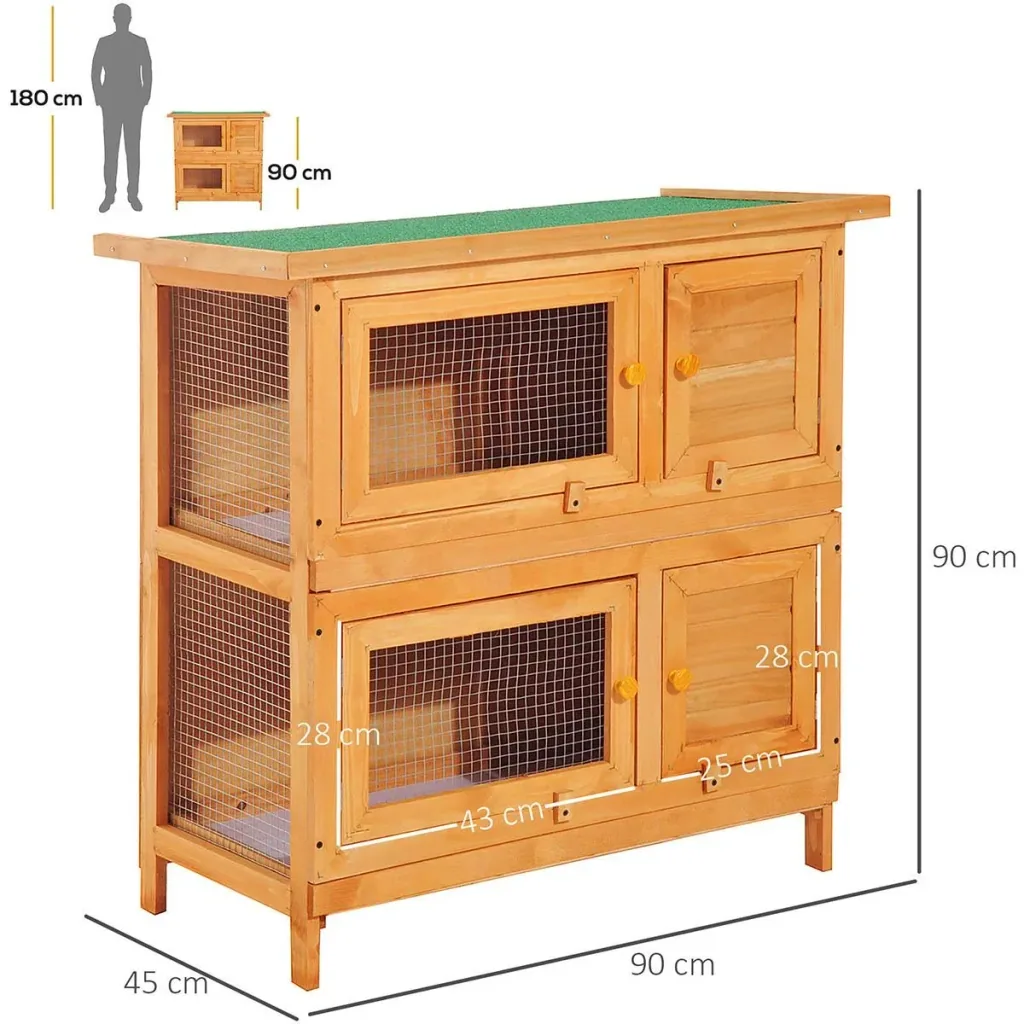 Zwergkaninchenstall doppelstöckig Kaninchenkäfig Kleintierstall Tierstall Outdoor Holz Gelb 90 x 45 x 90 cm