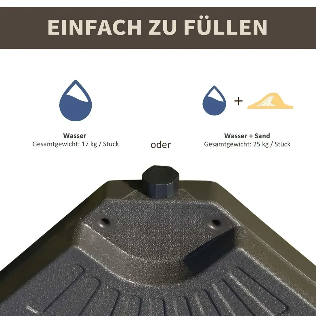 Schirmgewicht 4-tlg. Schirmständer mit 17 kg Wasser oder 25 kg Sand befüllbar HDPE Kaffee 100 x 100 x 10,5 cm