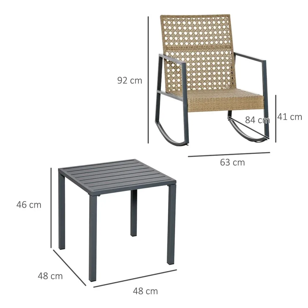 Rattan-Schaukelstuhl 3 teilige Bistroset 2 Stühle 1 Tisch mit Kissen Stahl für Gärten Terrassen Außenbereich Terrassenmö