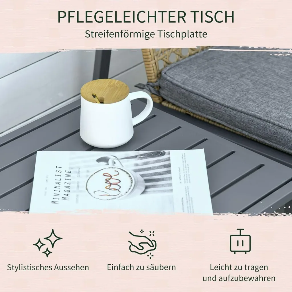 Rattan-Schaukelstuhl 3 teilige Bistroset 2 Stühle 1 Tisch mit Kissen Stahl für Gärten Terrassen Außenbereich Terrassenmö