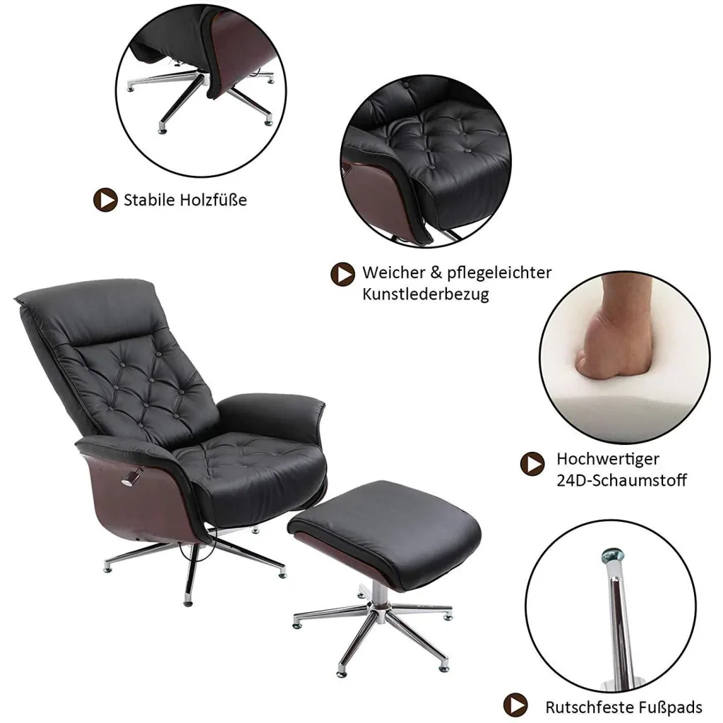 Relaxsessel mit Hocker Fernsehsessel Polstersessel PU-Bezug Holzverkleidung Metallfuß Schwarz 82 x 83 x 110 cm