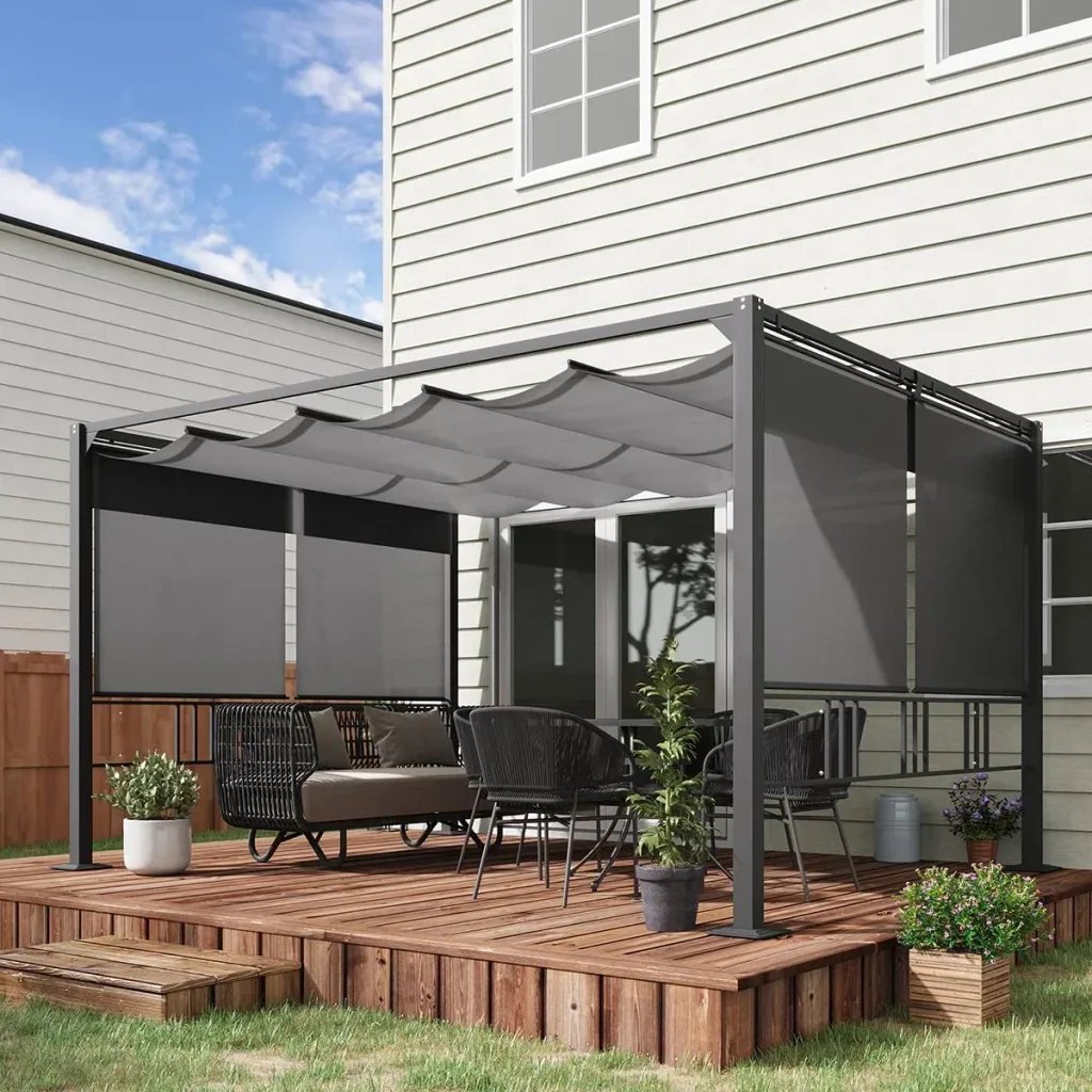 Pergola 3,9 x 2,9 m mit Sonnendach und 4 automatischen Rollläden Wasserdicht Aluminium Polyester Dunkelgrau