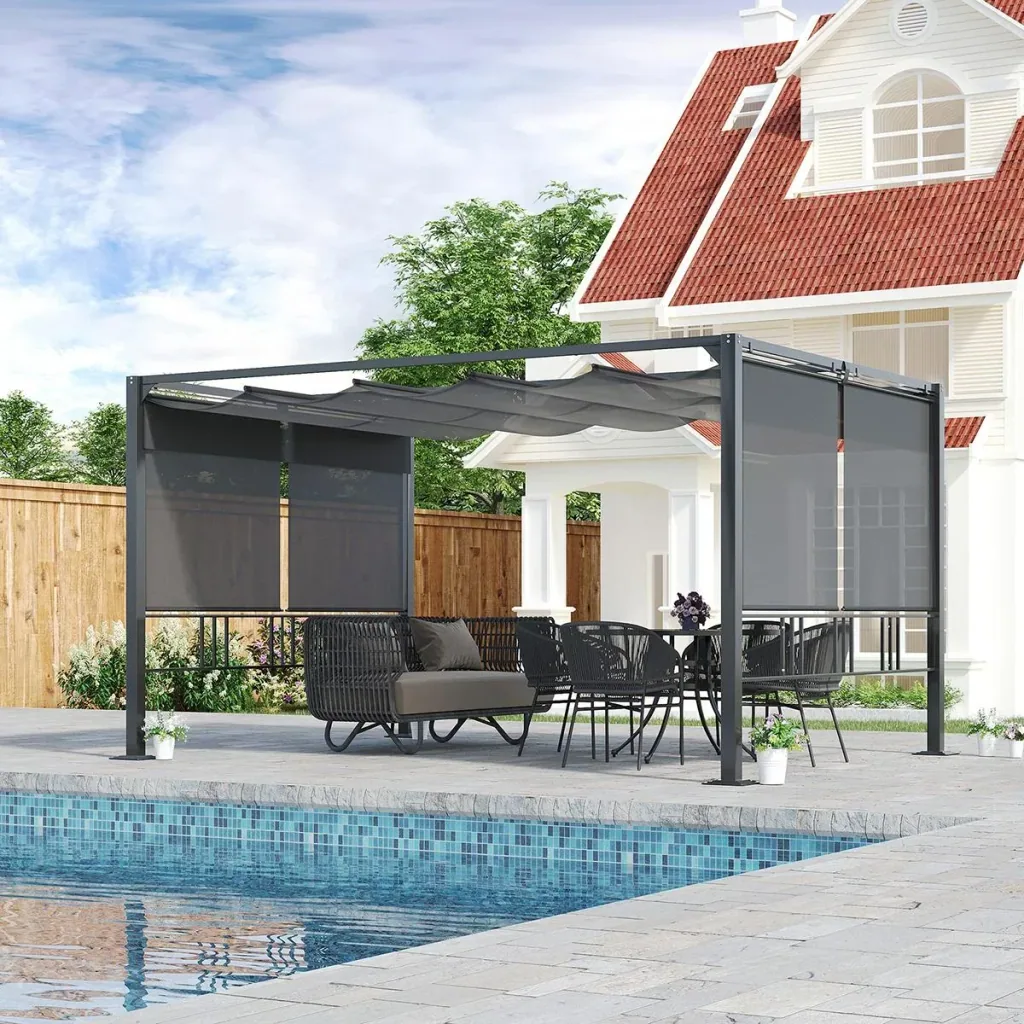 Pergola 3,9 x 2,9 m mit Sonnendach und 4 automatischen Rollläden Wasserdicht Aluminium Polyester Dunkelgrau