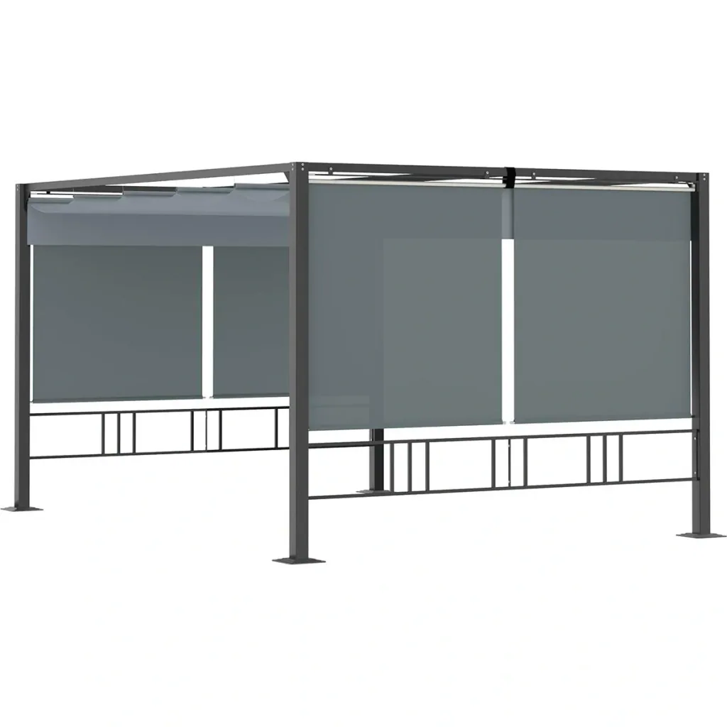 Pergola 3,9 x 2,9 m mit Sonnendach und 4 automatischen Rollläden Wasserdicht Aluminium Polyester Dunkelgrau