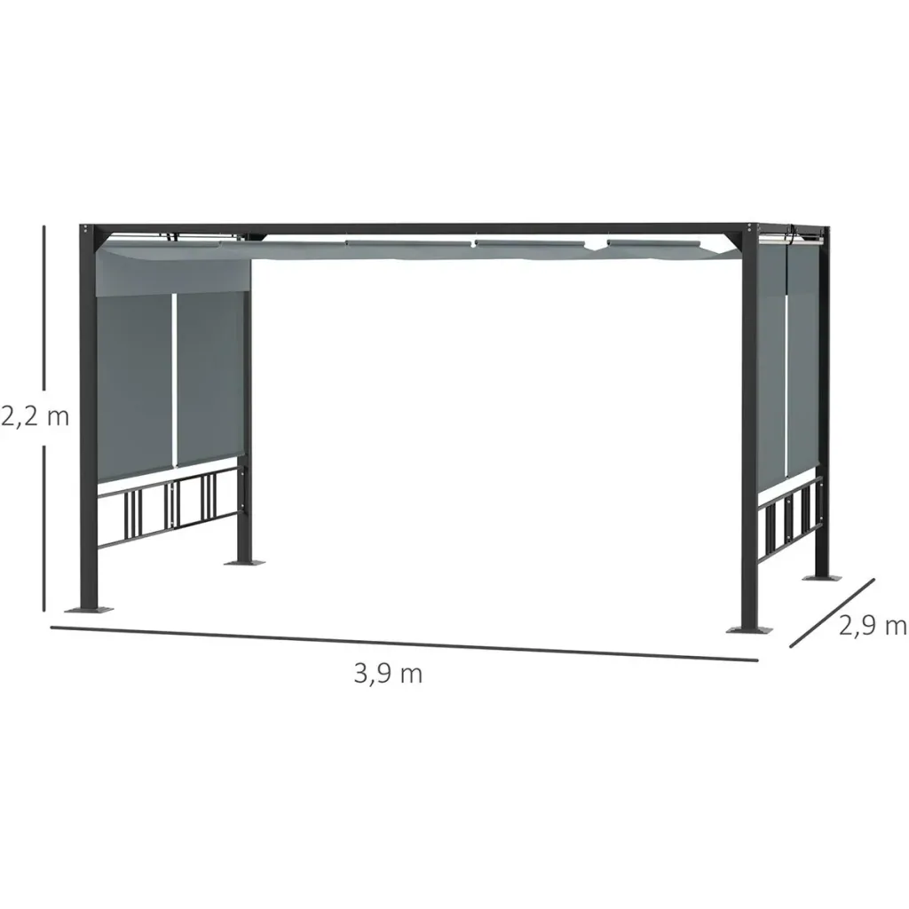 Pergola 3,9 x 2,9 m mit Sonnendach und 4 automatischen Rollläden Wasserdicht Aluminium Polyester Dunkelgrau