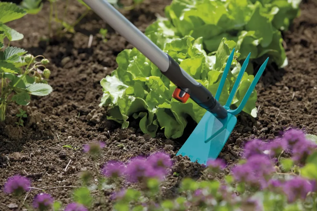 Combisystem-Gartenhacke, gerades Blatt, 3 Zinken, Arbeitsbreite 9 cm