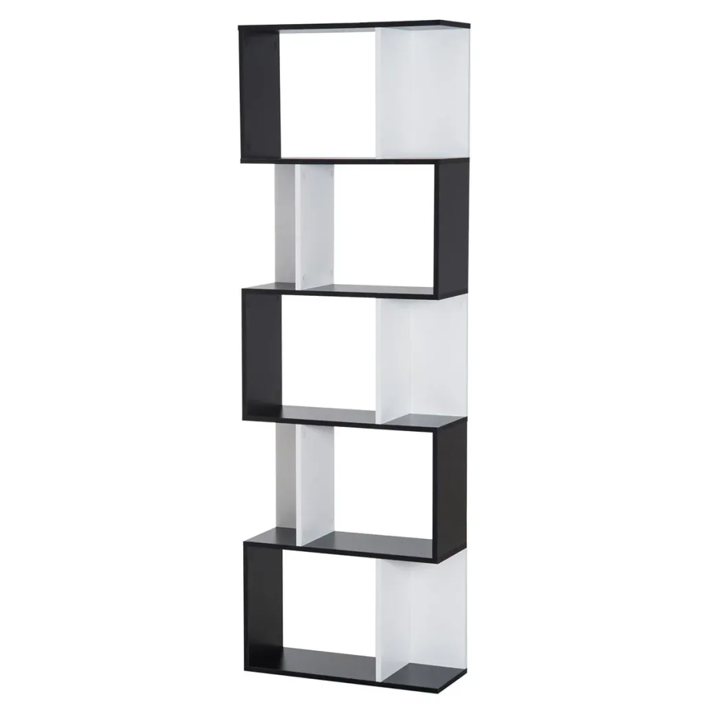 Bücherregal S-förmig Ausstellungsregal Standregal 5-stöckiger moderner Raumteiler Spanplatte Schwarz 60 x 24 x 184,5 cm
