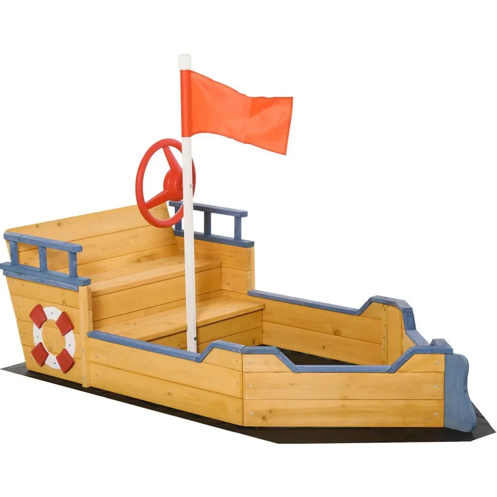 Holzspielboot für Kinder mit Sandkasten naur, blau