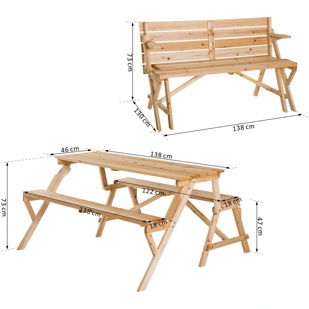 Bierzeltgarnitur 2-in-1 klappbar Sitzgruppe Gartengarnitur 1 x Tisch 2 x Sitzbank Tannenholz Natur 138 x 130 x 73 cm