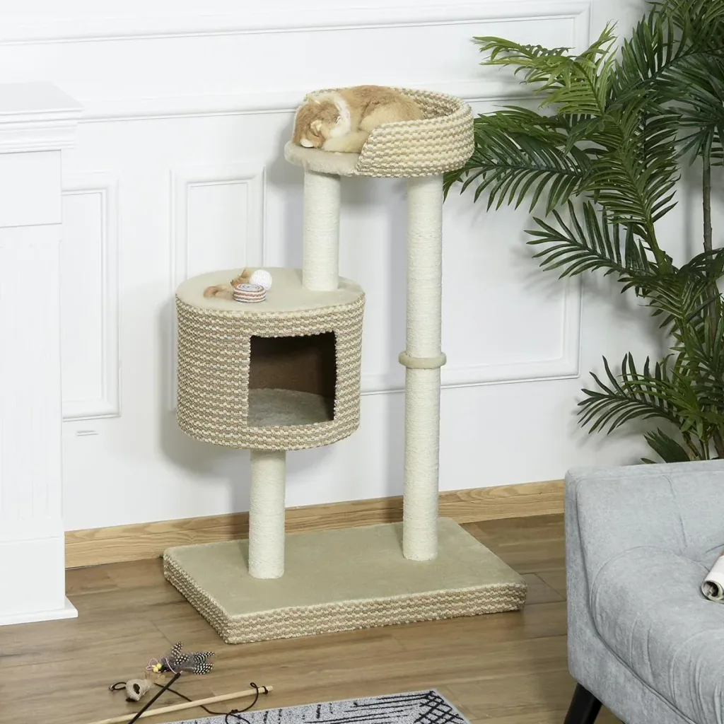 Katzenbaum Kratzbaum Kletterbaum Katzenkratzbaum, kuschelige Aussichtsplattformen, beige und kaffee, Spanplatte, Plüsch,