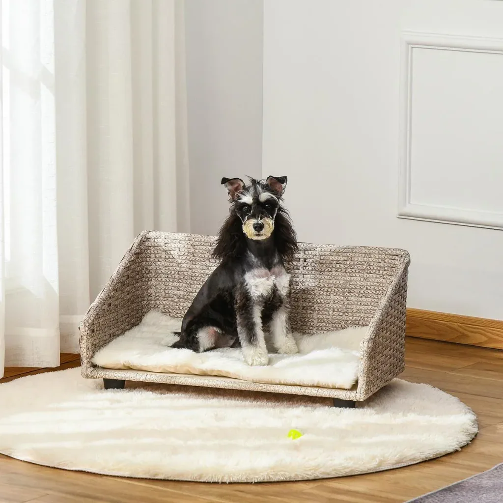 Haustierbett mit Kissen vier Füßen Hundebett geflochtenen Rattan-Stil Katzenbett Hundekorb Hundesofa Metall Polyester PE