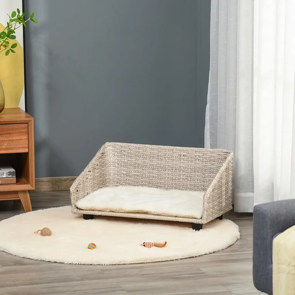 Haustierbett mit Kissen vier Füßen Hundebett geflochtenen Rattan-Stil Katzenbett Hundekorb Hundesofa Metall Polyester PE