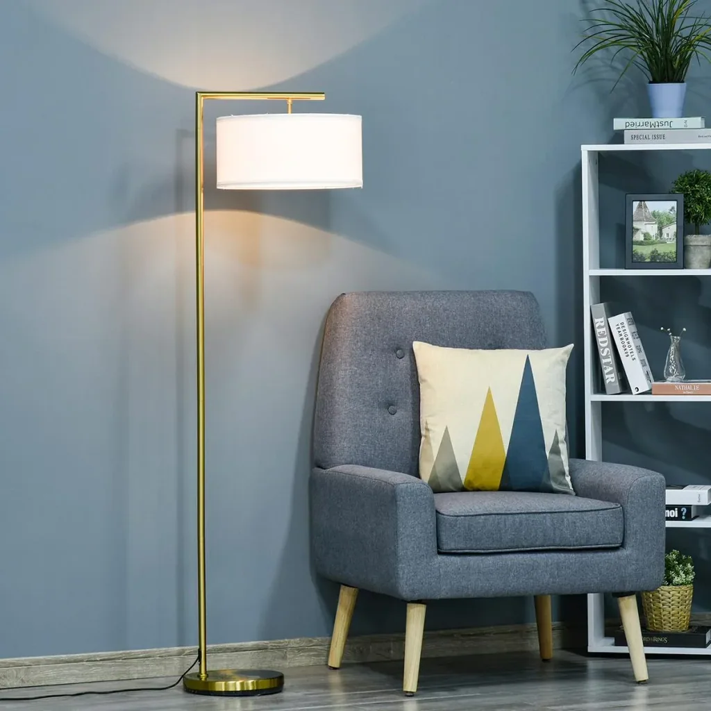 Stehlampe mit Leinenstoffschirm gold/weiß