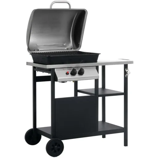 Gasgrill mit 3-stufigem Beistelltisch schwarz und silber