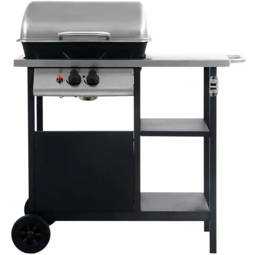 Gasgrill mit 3-stufigem Beistelltisch schwarz und silber