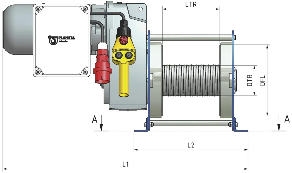 Elektro-Seilwinde PFW-C 250 einsatzfertig, max. 250 kg (1. Lage), 400V, 50 m Seil, IP55, Hubwinde für Materialtransport