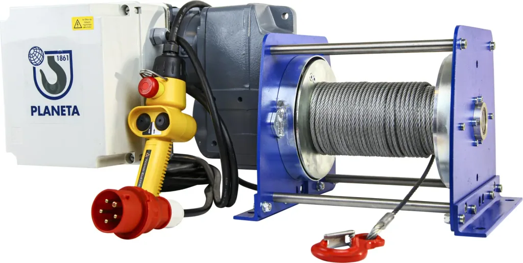 Elektro-Seilwinde PFW-C 250 einsatzfertig, max. 250 kg (1. Lage), 400V, 50 m Seil, IP55, Hubwinde für Materialtransport