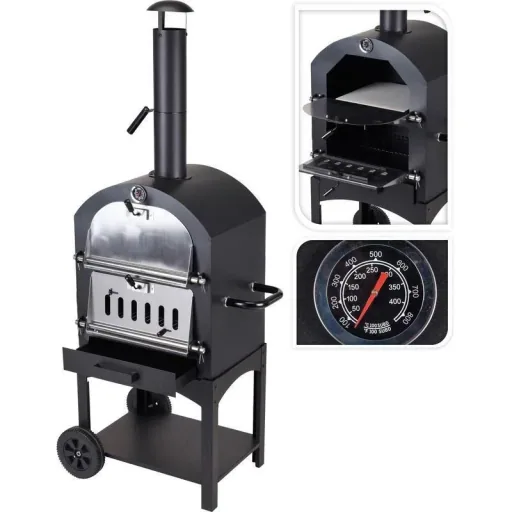 Vargan Holzkohlegrill - Pizzaofen - Smoker - 3-in-1 - Grillfläche 34 x 24 cm - mit Thermometer