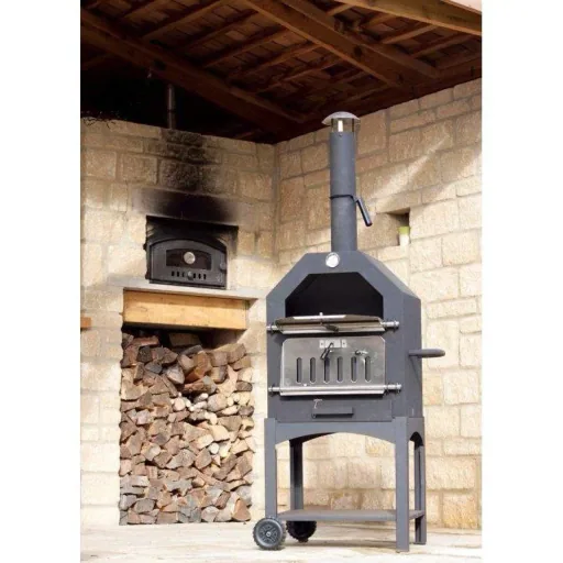Vargan Holzkohlegrill - Pizzaofen - Smoker - 3-in-1 - Grillfläche 34 x 24 cm - mit Thermometer