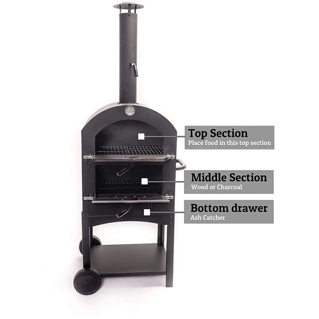 Vargan Holzkohlegrill - Pizzaofen - Smoker - 3-in-1 - Grillfläche 34 x 24 cm - mit Thermometer