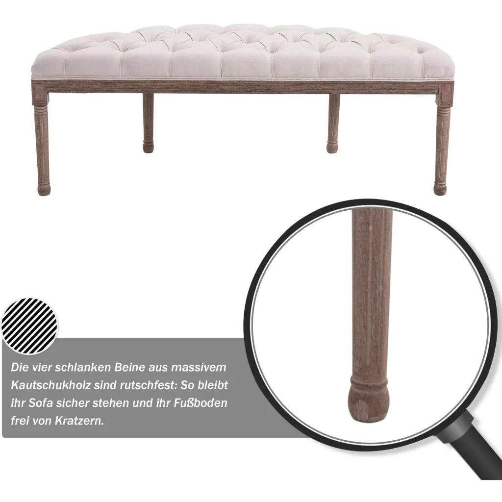 Polsterbank Sitzbank mit Knöpfen Leinen+Holz beige 140,5 x 51 x 48 cm