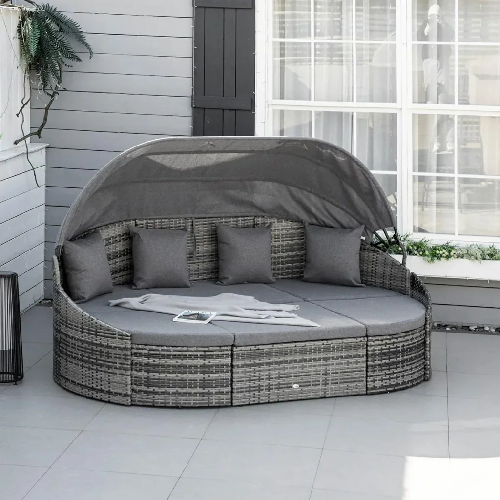 Rattan Sonneninsel 4-teilige Liegeinsel mit Sonnendach Sitzgruppe 4 Kissen Metall Grau 230 x 145 x 80 cm