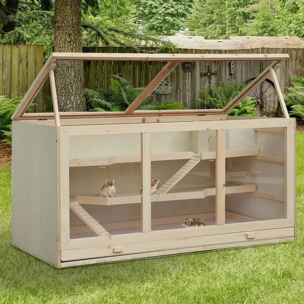 Hamsterkäfig Nagerkäfig Mäusekäfig Mit Treppen Nagervilla Dreistöckig Massivholz PVC Natur 115 x 57 x 55 cm