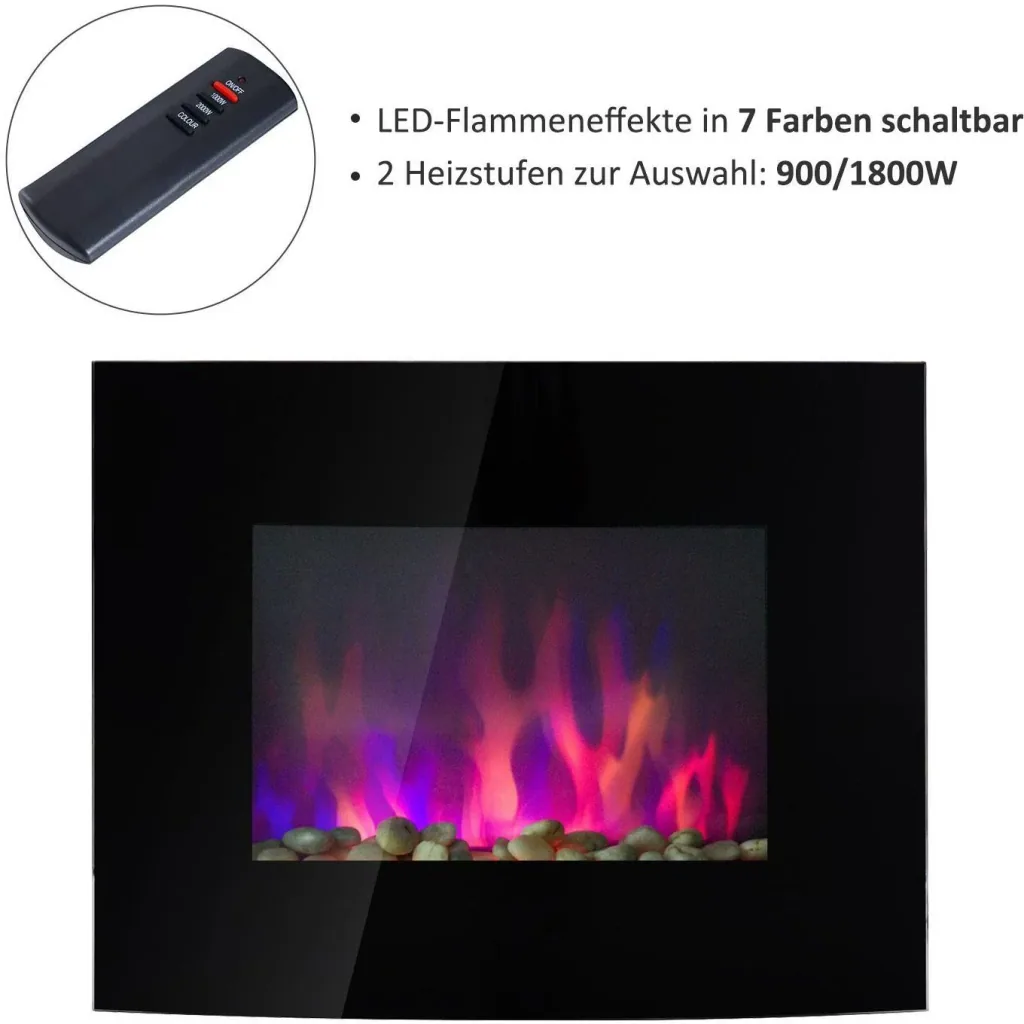 Elektrokamin Wandkamin 1800 Watt LED Fernbedienung Schwarz