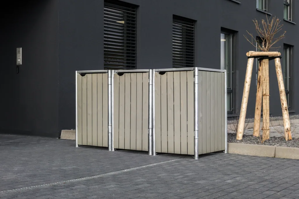 Mülltonnenbox 3-fach, Holz natur grau, für 240 l Tonnen