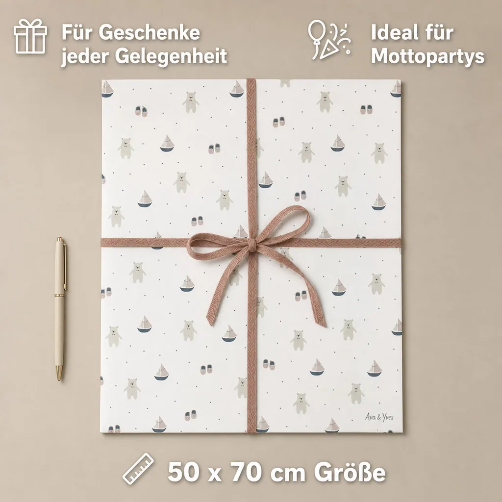 Ava & Yves Geschenkpapier Bär/Schiff/Schuhe
