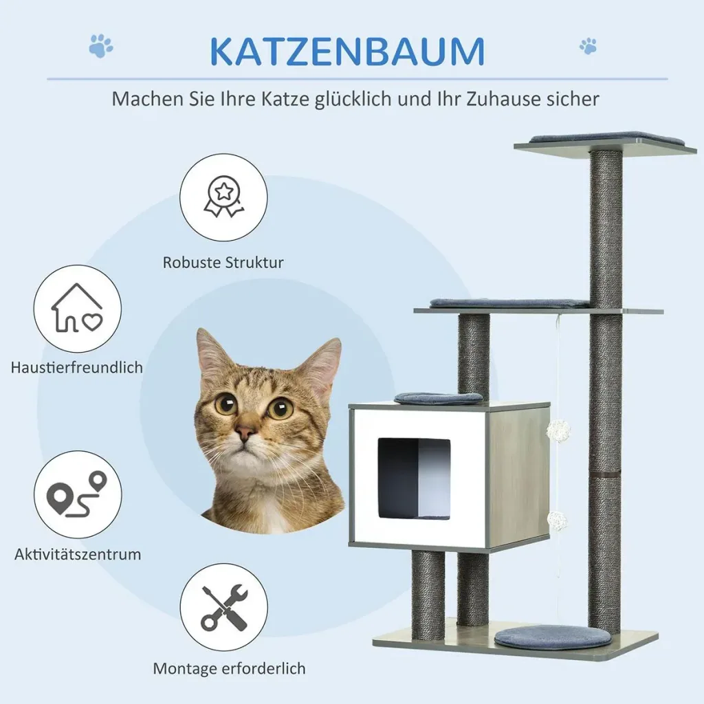 Katzenkratzbaum Katzenbaum Katzenspielzeug Kletterbaum Sisal Polster Liegefläche mit Ball Grau 71,5 x 49,5 x 120 cm