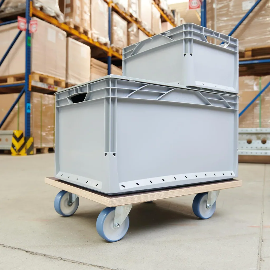 Transporthilfe MM 1145, 59 x 49 x 15 cm, softe Rollen Ø 100 mm, Rollenlager, Platte Maxigrip FSC®, Tragkraft 500 kg
