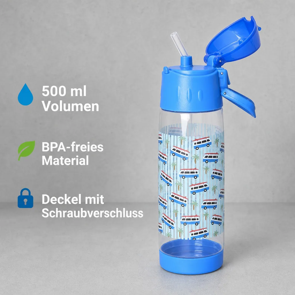 RICE Trinkflasche Kinder - Car Print - Blue, 500 ml, kunststoff