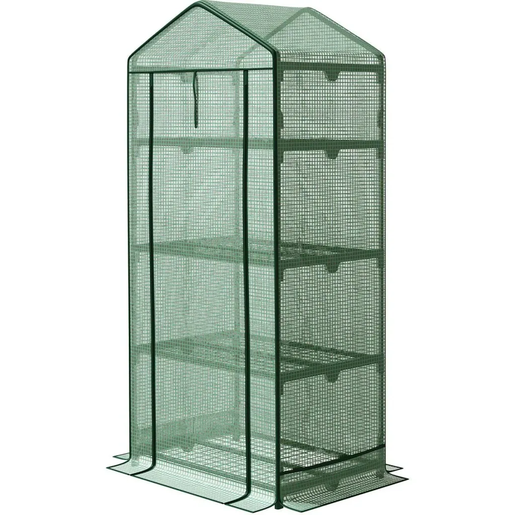 Mini-Gewächshaus mit Folienabdeckung und 4 Regalen Rolltür Gemüsebeet grün 69 x 49 x 158 cm