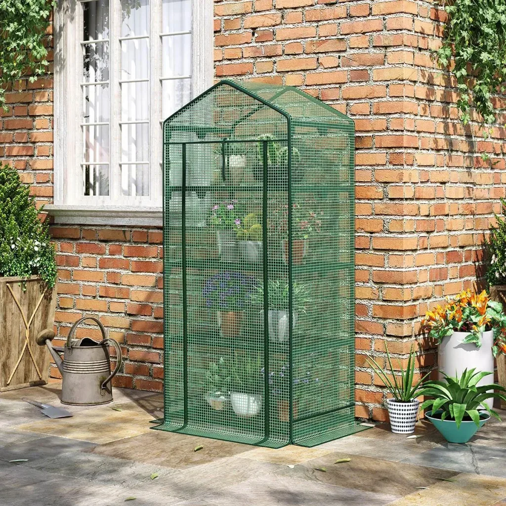 Mini-Gewächshaus mit Folienabdeckung und 4 Regalen Rolltür Gemüsebeet grün 69 x 49 x 158 cm