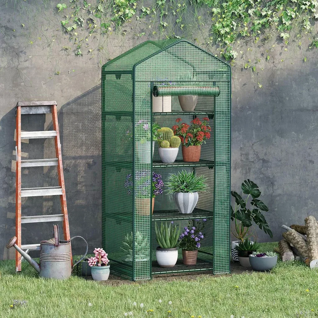 Mini-Gewächshaus mit Folienabdeckung und 4 Regalen Rolltür Gemüsebeet grün 69 x 49 x 158 cm