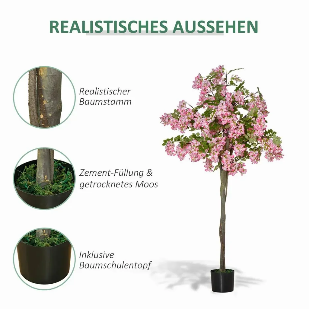 künstliche Pflanzen 150 cm künstlicher Schnurbaum mit rosa Blumen Kunstpflanze Zimmerpflanze Dekopflanze Büropflanze Kun