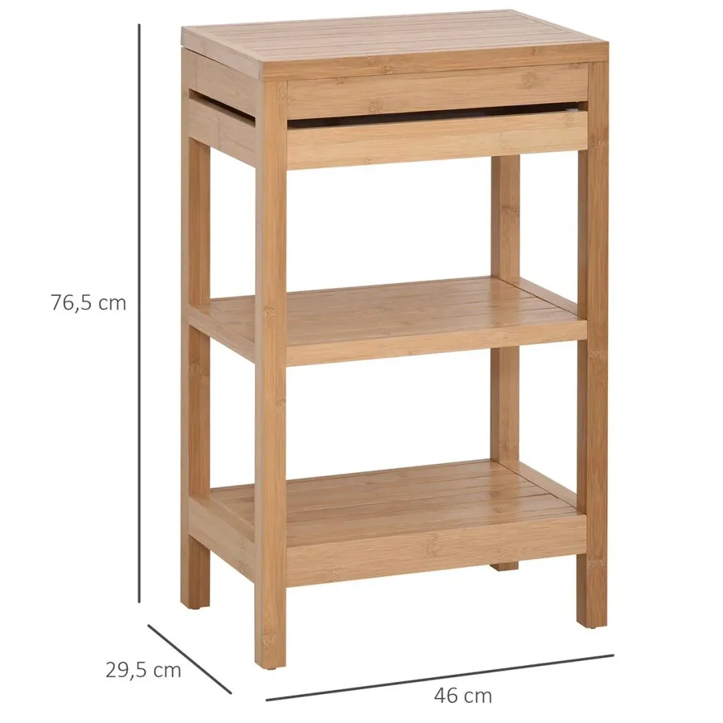 Badregal, Badzimmerregal mit Klappdeckel, Badezimmer Standregal mit 2 Ablagen, Bambus, Natur, 46 x 29,5 x 76,5 cm