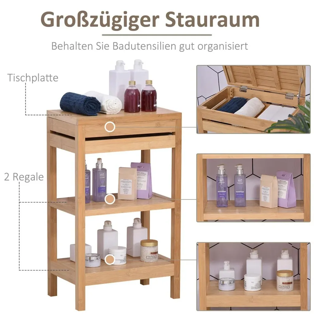 Badregal, Badzimmerregal mit Klappdeckel, Badezimmer Standregal mit 2 Ablagen, Bambus, Natur, 46 x 29,5 x 76,5 cm
