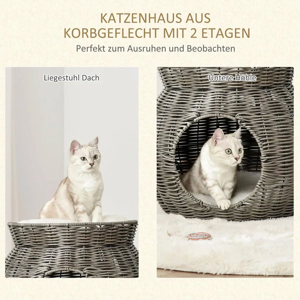 Rattan Katzenkorb zweistöckiges Katzenbett Katzenhöhle Katzenturm mit 2 Kissen Liegedach Dunkelgrau Ø50 x 43,5 cm