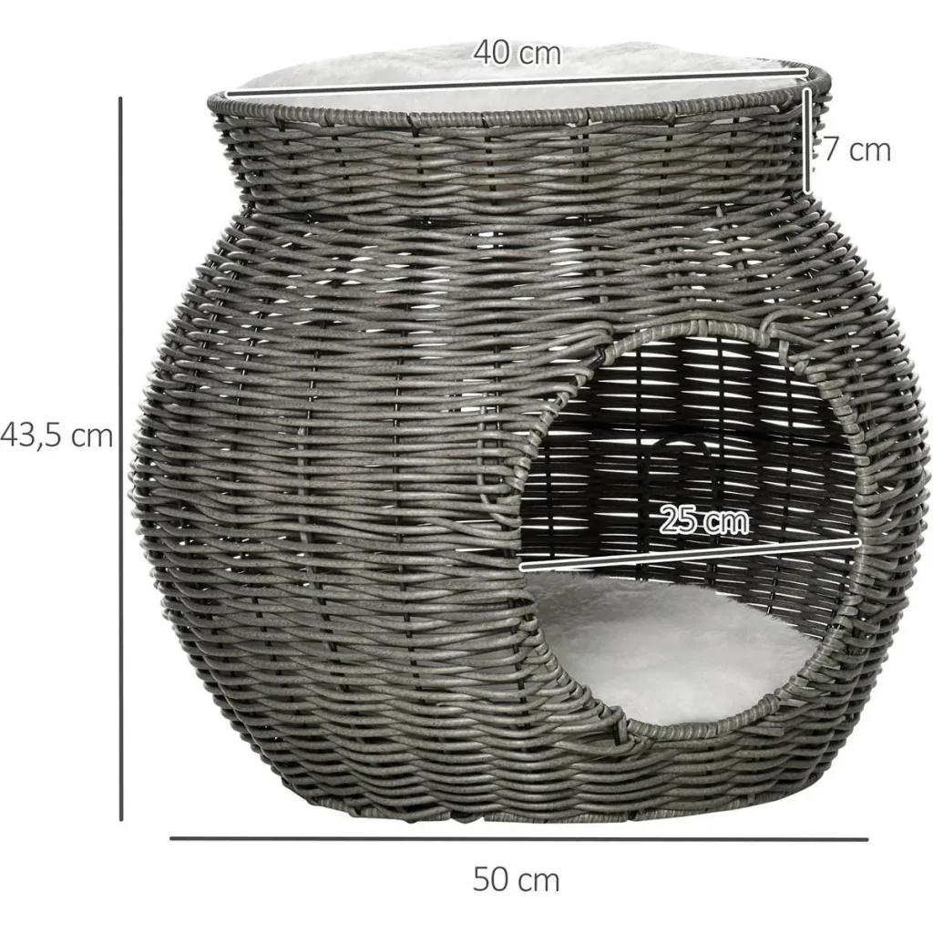 Rattan Katzenkorb zweistöckiges Katzenbett Katzenhöhle Katzenturm mit 2 Kissen Liegedach Dunkelgrau Ø50 x 43,5 cm