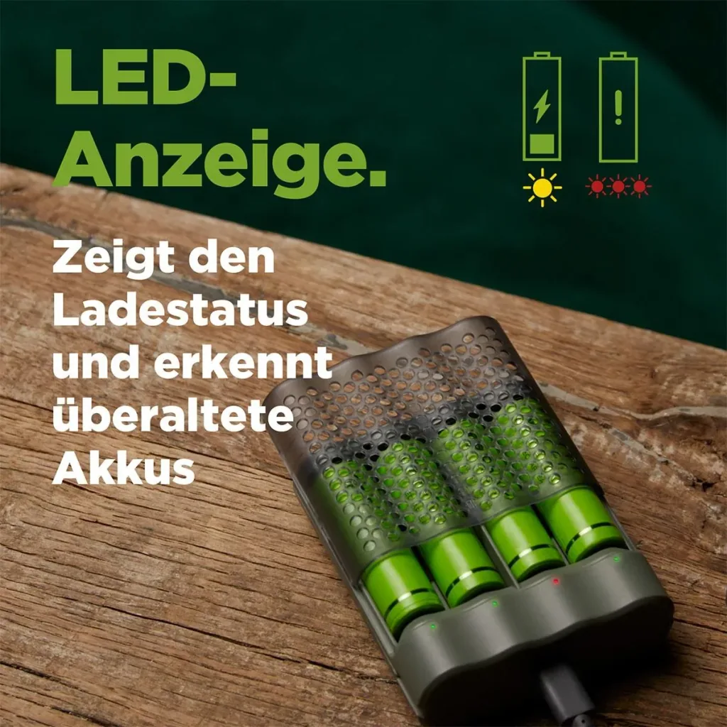 USB Schnellladeadegerät für 4 AA / AAA NiMH Akkus inklusive 4 Stück ReCyko Mignon (AA) NiMH Akkus mit 2600 mAh