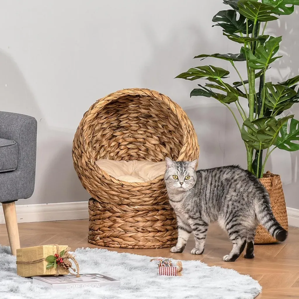 Rattan Katzenkorb Katzenhöhle Katzenhütte Katzenbett mit Kissen Haustierbett Wasserhyazinthe Hellbraun 50 x 42 x 60 cm
