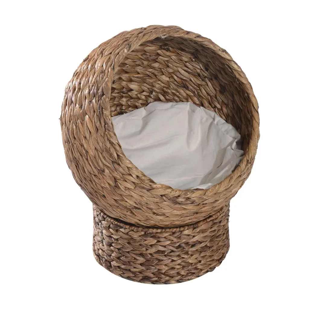 Rattan Katzenkorb Katzenhöhle Katzenhütte Katzenbett mit Kissen Haustierbett Wasserhyazinthe Hellbraun 50 x 42 x 60 cm
