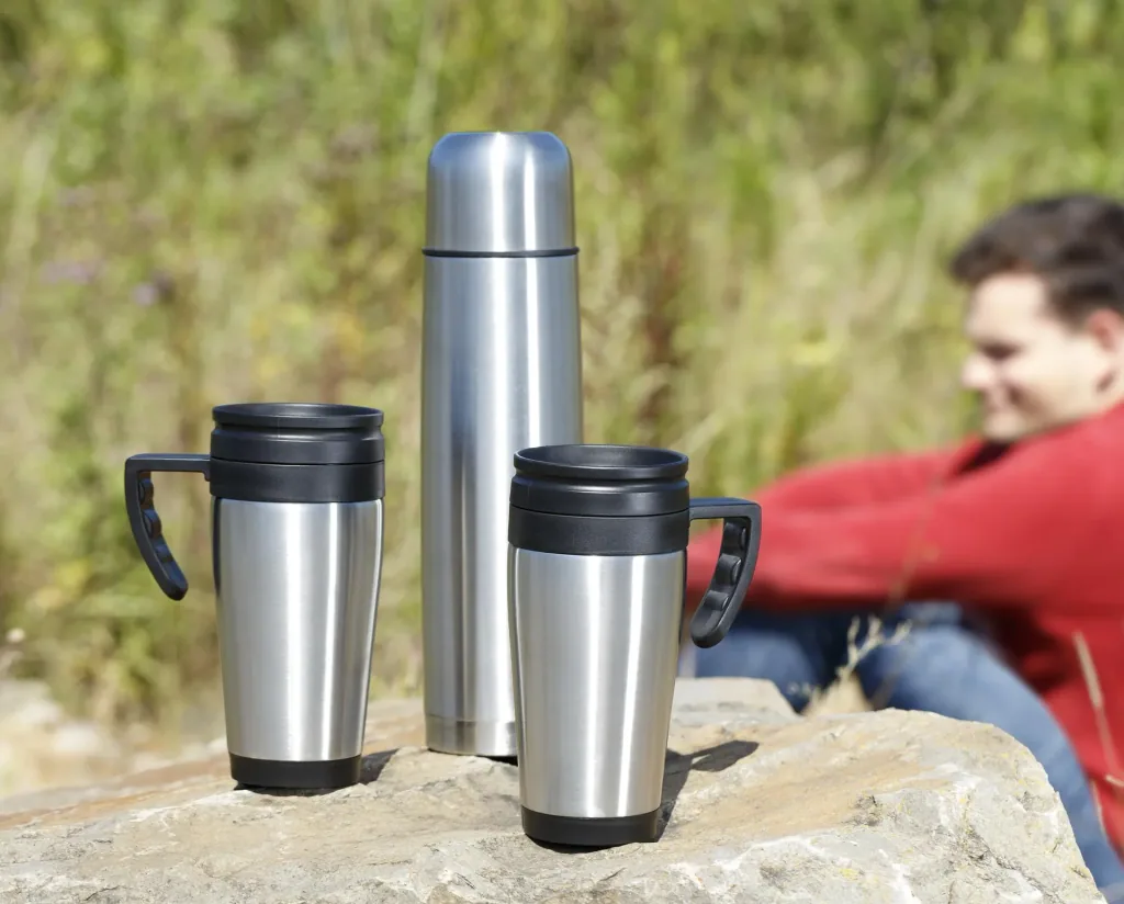 Travelling-Set 3-teilig, 1 Liter Isolierflasche + 2 x 400 ml Isolierbecher, Edelstahl matt, doppelwandig